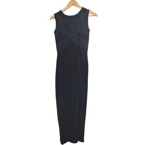 Vintage Tadashi Dress 80'a Black‎ Sleeveless Embroidered Mesh Formal Gown Size S